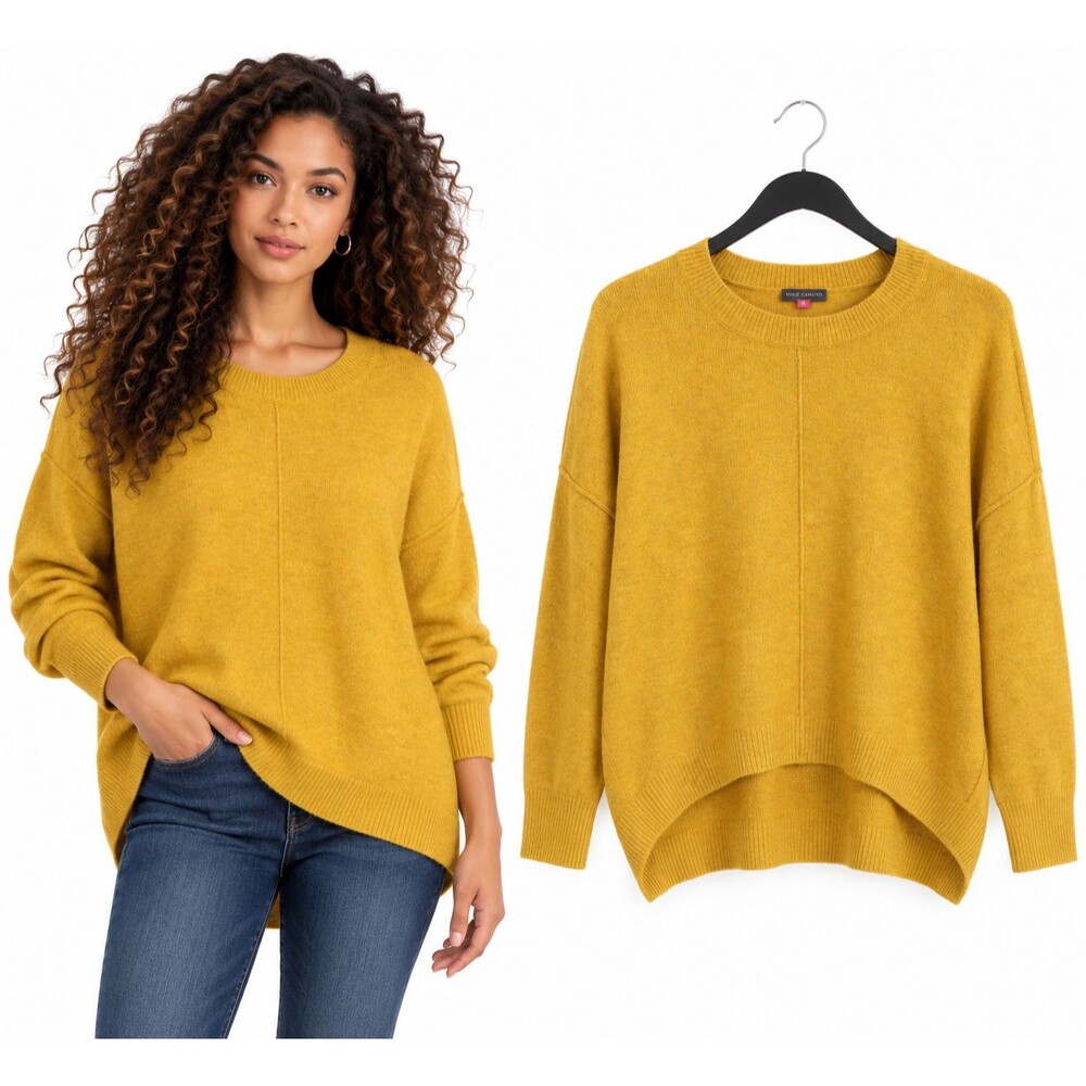 Vince Camuto Oversized Sweater Medium Mustard Yellow Crew Neck High Low Pullover